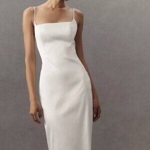 Anthropologie BHLDN Square-Neck Back-Slit Slim Stretch Satin Midi Dress